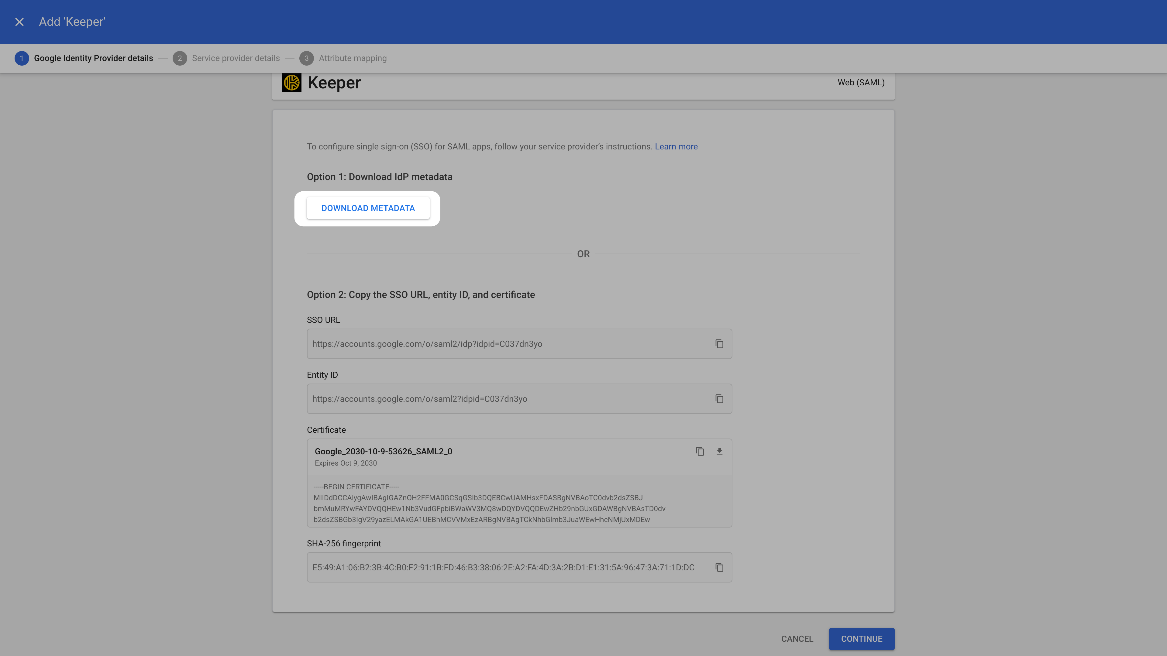 Download IdP metadata